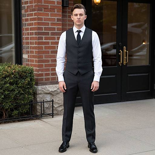 Photograph of a young Caucasian male waiter standing in front of a brick building, wearing a black vest, white dress shirt, black tie, and black