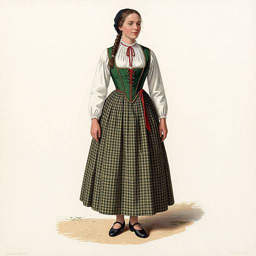 Photograph of a woman in traditional Bavarian dress: green plaid skirt, white blouse, green bodice, red ribbon, black shoes, dark