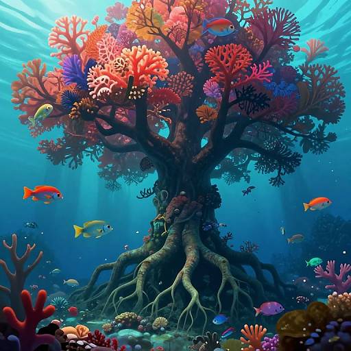 Vibrant underwater photograph of a coral tree with colorful branches, surrounded by multicolored fish and diverse coral reefs, illuminated by sunlight beams.