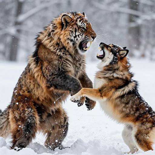 Photograph of two fierce, snow-covered, brown and black-tufted Siberian tigers standing on hind legs, facing each other in a snowy