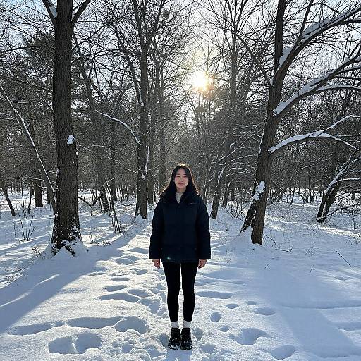 Photograph of a woman with long brown hair, wearing a black coat and pants, standing in a snowy, sunlit forest path.