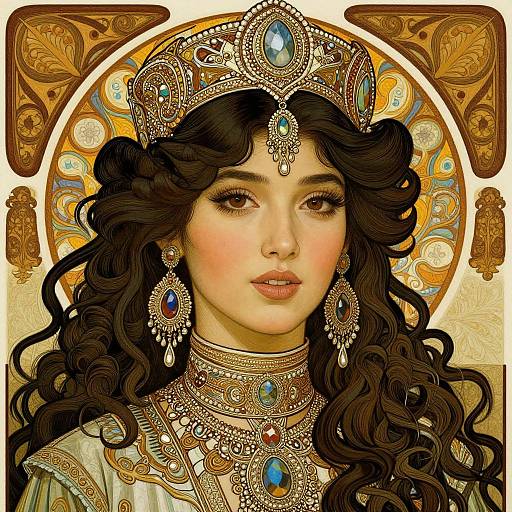 Digital painting of a beautiful, fair-skinned woman with long, curly black hair, wearing an ornate golden crown, blue gemstone jewelry, and