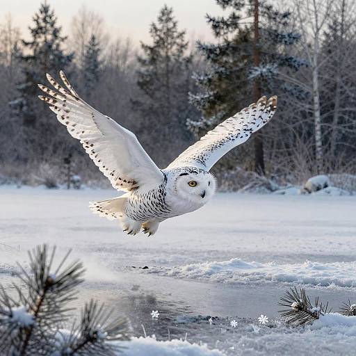 Elegant Snowy Owl Over Frozen Lake