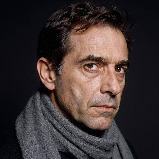 Photograph of a middle-aged man with dark, wavy hair, pale skin, and intense brown eyes, wearing a gray scarf, against a black