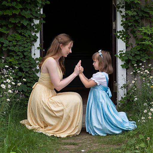Photograph of a woman in a yellow dress kneeling, holding hands with a young girl in a blue dress, in front of a dark doorway, surrounded
