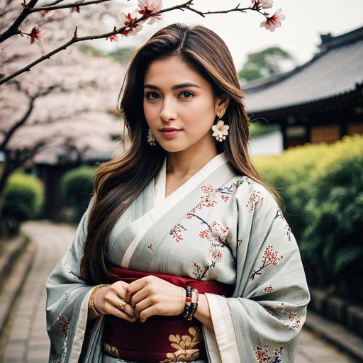 Young Woman in Traditional Kimono with Cherry Blossoms