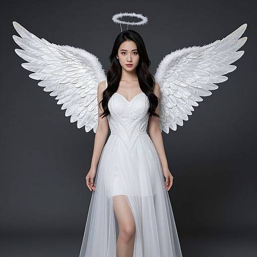 Photograph of an Asian woman with long black hair, wearing a white angelic dress and halo, with large white feather wings, against a dark background