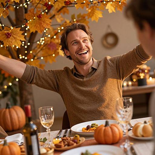 Photograph of smiling man with brown sweater, short hair, and beard, raising arms at autumn-themed dinner table with pumpkins, candles, and fall