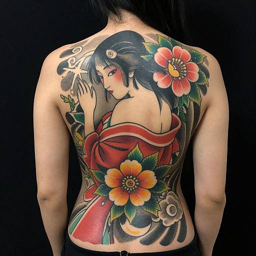 Vivid back tattoo of a Japanese woman with black hair, red kimono, and large colorful flowers, viewed from behind.