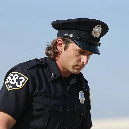 Stern Police Officer in Black Uniform