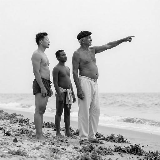 Three Men on a Beach: Black-and-White Photo