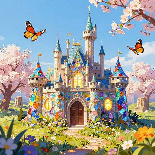 Fantasy Stained Glass Castle in Spring
