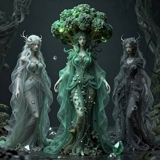 Digital artwork of three ethereal, forest-themed female figures with glowing green and blue attire, leafy headdresses, and translucent fabrics, standing in a