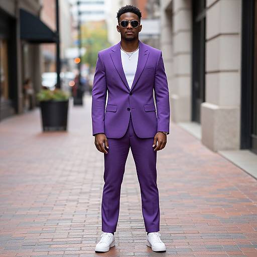 Photograph of a Black man in a vibrant purple suit, white shirt, and white sneakers, standing confidently on a brick-paved urban sidewalk.
