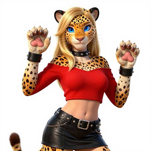 Digital art of a blonde, blue-eyed, anthropomorphic cheetah woman in a red crop top and black leather skirt, raising paws, white