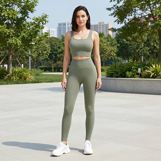 Photograph of a fit woman with medium skin, black hair, wearing olive-green sports bra and high-waisted leggings, white sneakers, standing in