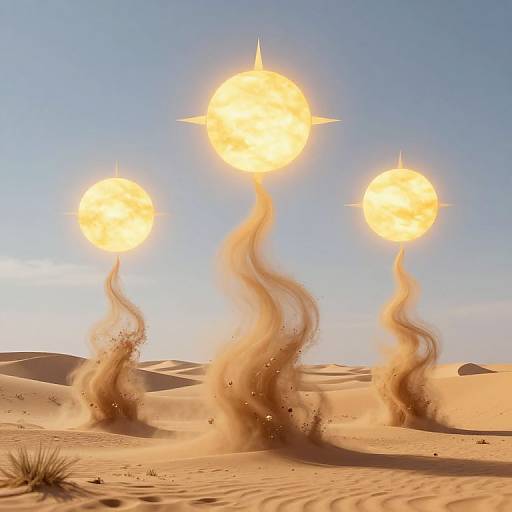 Photograph of three glowing suns with fiery, wavy tails rising from a desert with sand dunes under a clear blue sky.