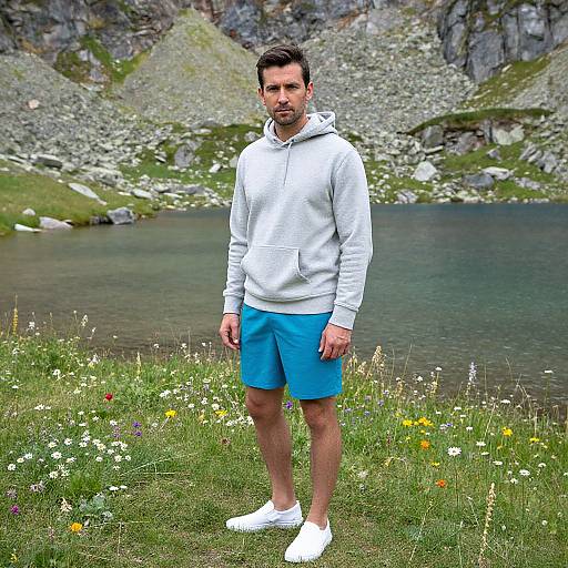 Photograph of a bearded man in white hoodie and blue shorts, standing on grassy meadow with wildflowers, by a calm mountain lake.