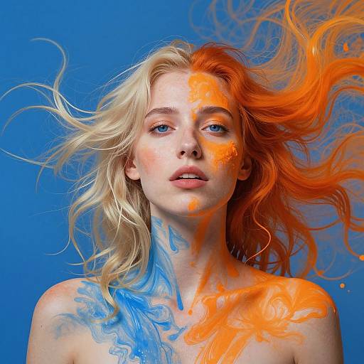 Photograph of a blonde woman with blue and orange face paint and matching colored hair against a solid blue background.
