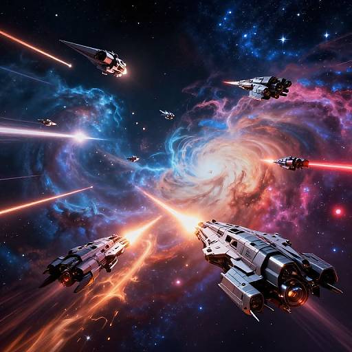Digital art of six Star Wars-style spaceships firing laser beams at a vibrant, swirling galaxy with neon blue, pink, and orange clouds.