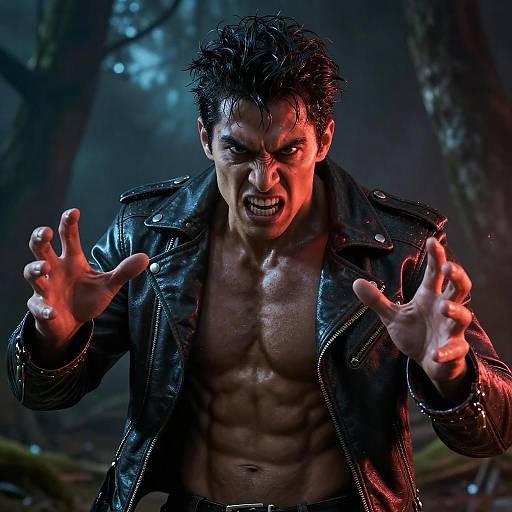 Angry Muscular Man in Leather Jacket in Dark Forest