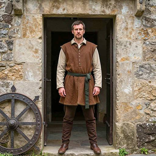 Medieval Man in Renaissance Costume Standing in Stone Doorway