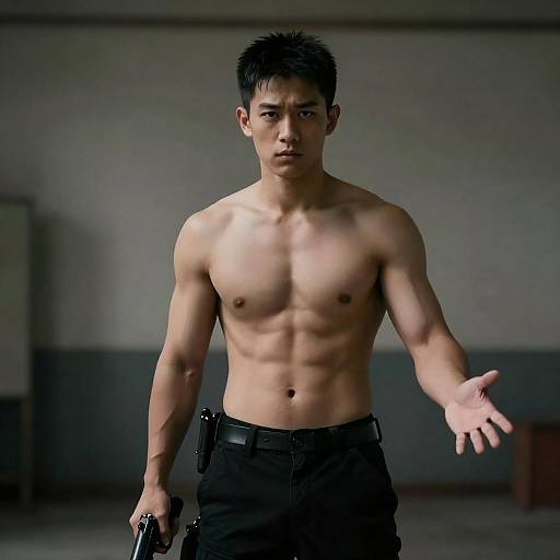 Shirtless Asian Man Holding Gun