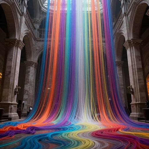 Photograph of vibrant, multicolored light beams cascading from a stained glass window in a grand, stone cathedral, pooling on the floor in w