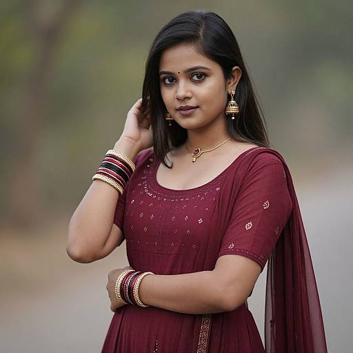 Photograph of an Indian woman with medium brown skin, black hair, wearing a maroon saree, gold jewelry, and looking at the camera.