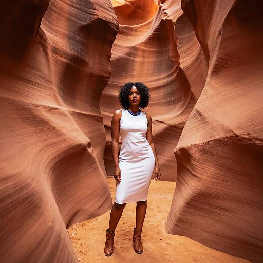 Photograph of an African-American woman with curly hair in a white dress and brown boots, standing in a narrow, red-orange sandstone canyon with w
