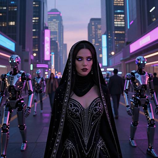 Cyberpunk city street at dusk, neon lights, futuristic robots, and a stunning woman with black veil, sequined gown, and glowing blue eyes