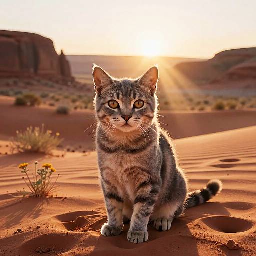 Gray Tabby Kitten Sitting on Red Desert Dune