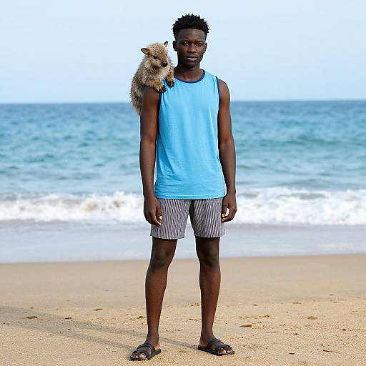 Photograph of a black man with short curly hair, wearing a blue tank top and striped shorts, standing on a beach with a small, fluffy dog