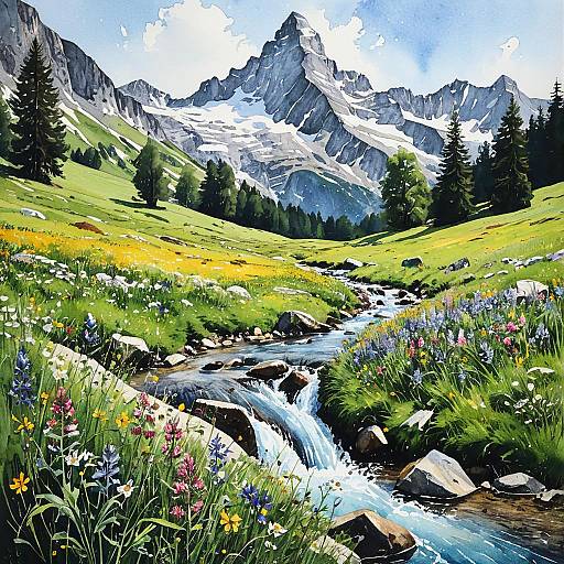 Serene Swiss Alpine Meadow in Watercolor