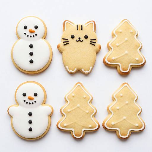 Photograph of six decorated cookies: two snowmen, one cat, and three Christmas trees, with white and beige icing, black eyes, and orange