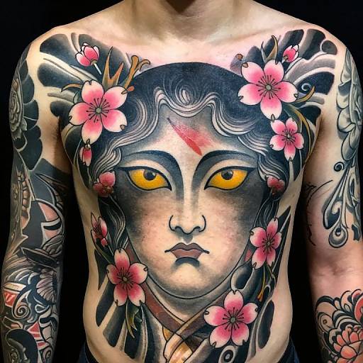 Detailed Chest Tattoos with Cherry Blossoms