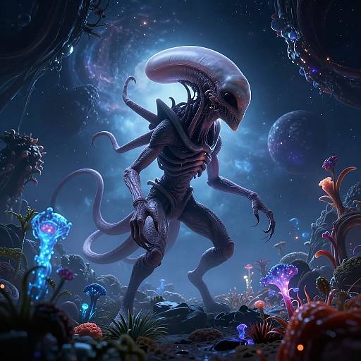 Digital artwork of a sleek, alien Xeno creature with a long, bulbous head and multiple limbs, standing in a glowing, bioluminescent