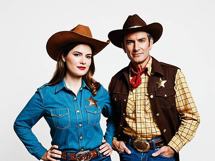 Photograph of a fair-skinned woman and man in cowboy attire, both wearing brown hats, blue and checkered shirts, and vests, standing against