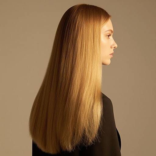 Side profile photograph of a woman with straight, long, blonde hair, wearing a black top, against a plain, beige background.