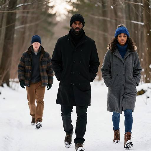 Photograph of three people walking in a snowy forest; central black-clad man, right woman in gray coat and blue knit hat, left man in