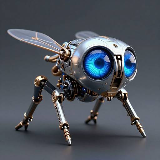 Photorealistic CGI of a metallic, robotic fly with glowing blue compound eyes, brass joints, and transparent wings, standing on a dark gradient background.