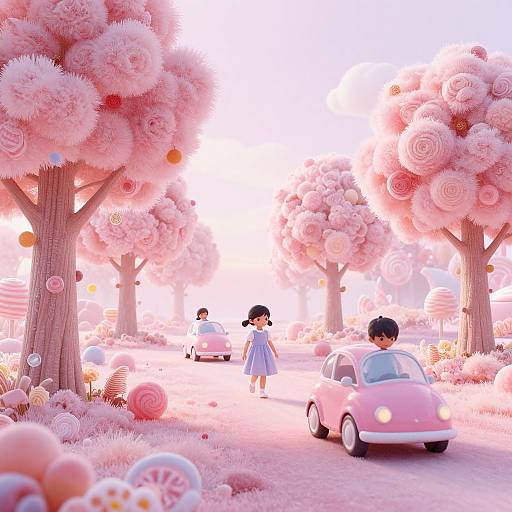 Digital illustration of a whimsical pink candy forest with trees adorned with swirls, lollipop clouds, and a pink car. Two children in blue dresses