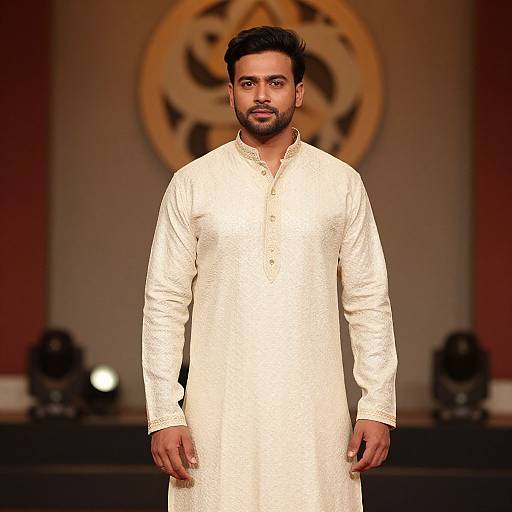 Photograph of a handsome, bearded South Asian man with short black hair, wearing a white traditional long kurta, standing confidently on a fashion runway