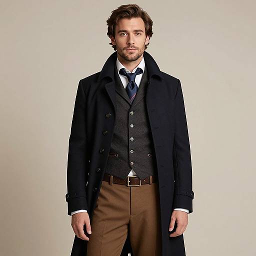 Photograph of a handsome, bearded man with wavy brown hair, wearing a black overcoat, gray vest, white shirt, black tie,