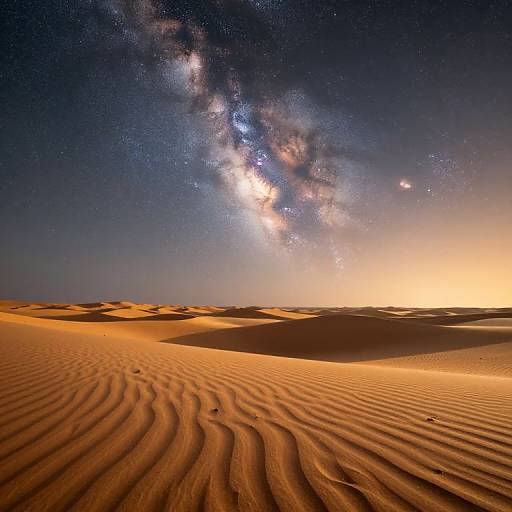 Photograph of a starry night sky over a sandy desert with rippled dunes, glowing under the Milky Way's bright celestial light.