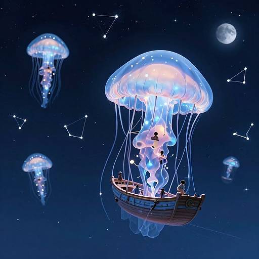 Digital illustration of a glowing jellyfish carrying a small boat with people, floating in a starry night sea, surrounded by other jellyfish. Full moon