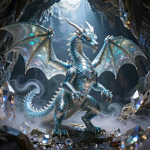Sapphire Dragon Emerging from Crystal Cave