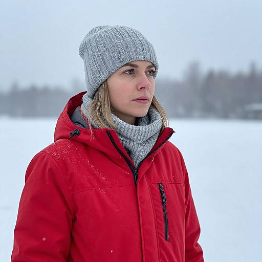 Photograph of a blonde woman in a gray knit beanie, red winter jacket, and gray scarf, standing in a snowy landscape.