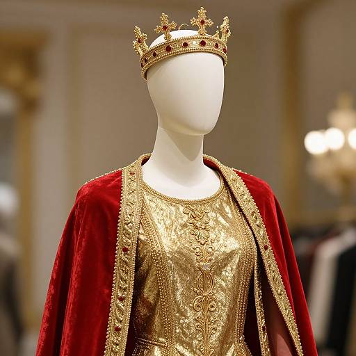 Photograph of a faceless white mannequin wearing an ornate golden brocade gown with intricate embroidery, draped in a rich red velvet cloak,