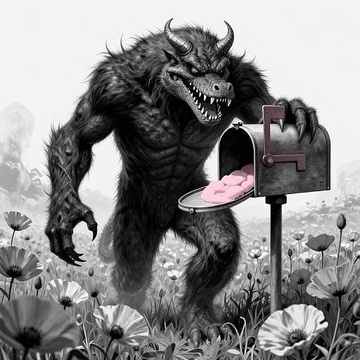 Monstrous, black-furred werewolf with sharp teeth opens mailbox, revealing pink envelope; surrounded by white and gray flowers in a surreal, digital